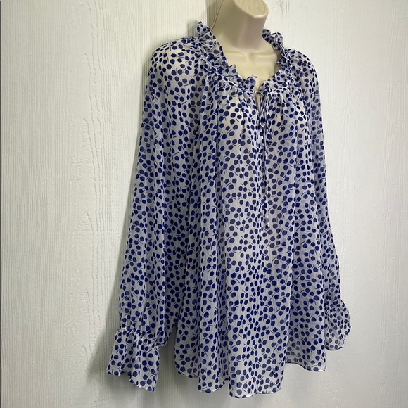 Boden - Florence Blue And White Floral Ruffle Long Sleeve  Mesh Blouse Size 12 - Picture 3 of 10
